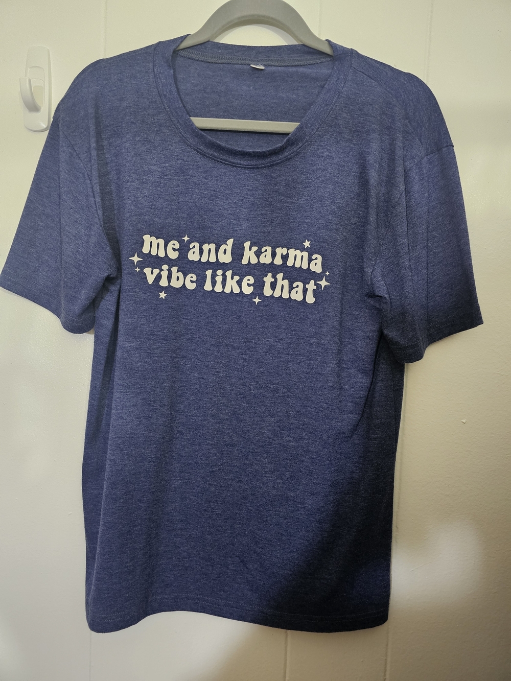 Blue Graphic Tee - "me and karma vibe like that"